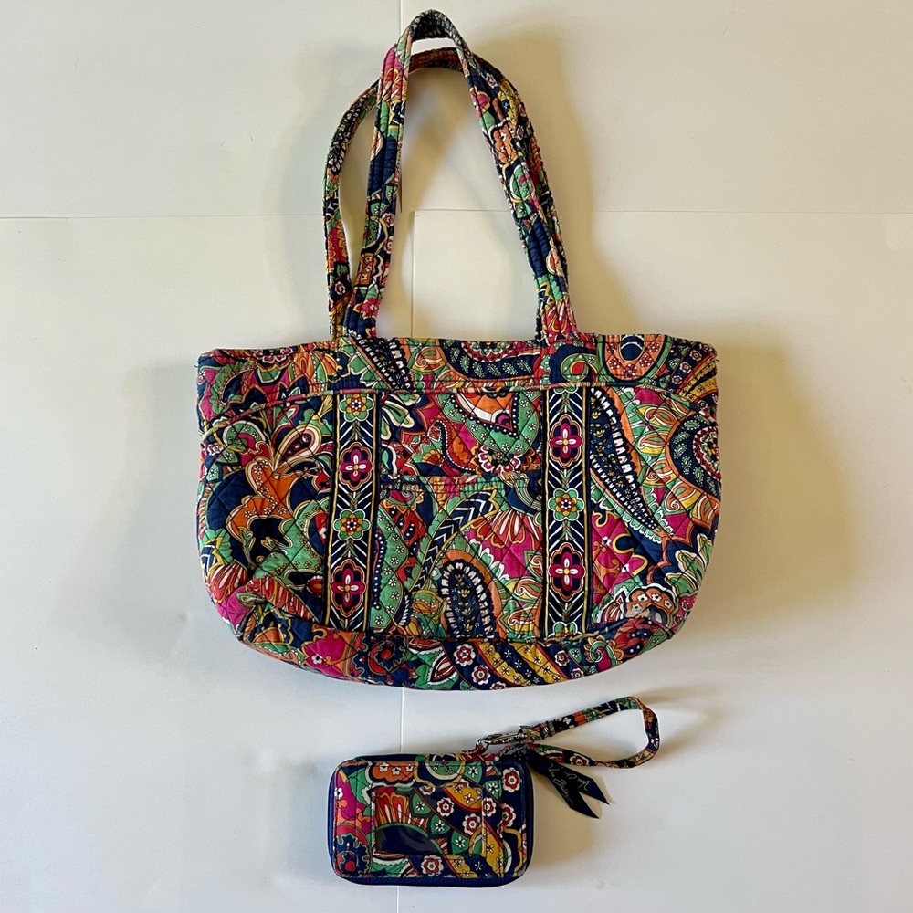 Vera Bradley Venetian Paisley Purse Bag Tote Navy Blue Orange Wristlet Wallet